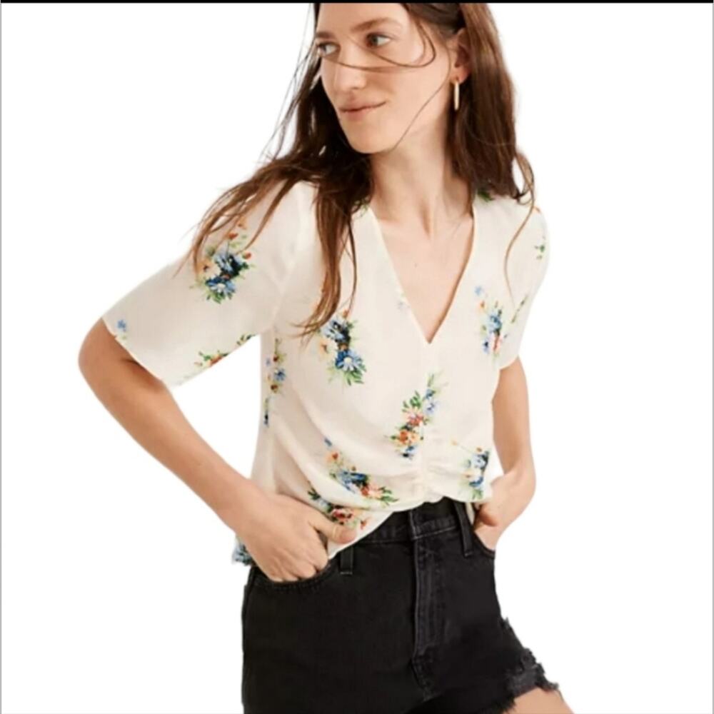Madewell Silk Shirred Front Top Classic Corsage Floral Blouse Size 00